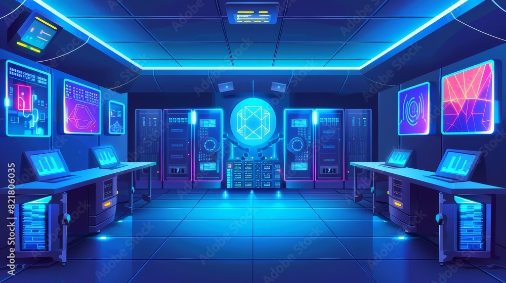 Poster an interior of a data center with computer equipment, blockchain hardware and neon cubes. graphs on 