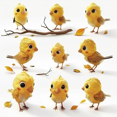 Little Finch Bird Cute character multiple posses and expression children's book illustration style