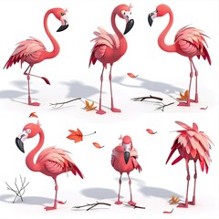 Little Flamingo Bird Cute character multiple posses and expression children's book illustration style