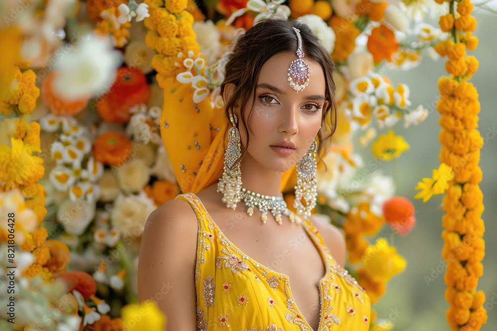 Poster beautiful indian woman in yellow color dress and jwelery