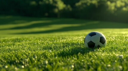Fototapeta premium Image of a soccer ball as it rests upon a lush green field.