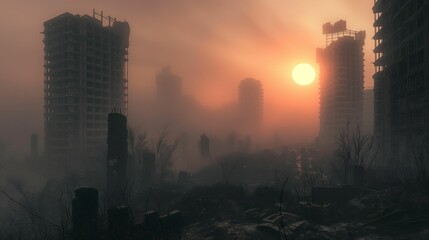 Image of an abandoned futuristic city shrouded in dense fog.