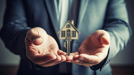 A tiny house in the hands of a realtor - sale, relocation, booking, cottage project, mortgage, housing and real estate insurance. The key to the home