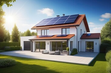 The roof of a modern house with eco-friendly solar panels in harmony with nature, ecology, saving natural resources, alternative energy source. 