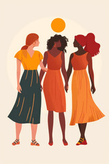 Illustration style, multiple races women stand together, holding hands 