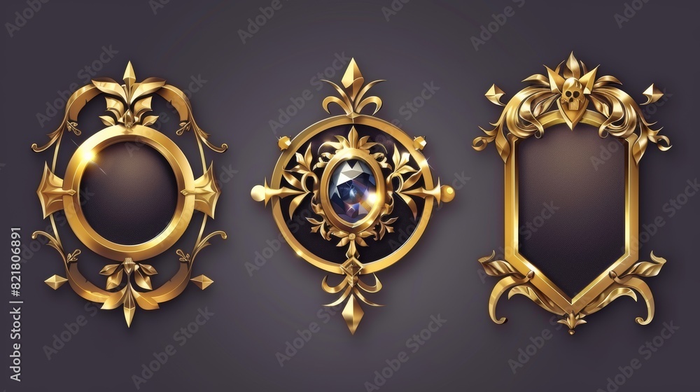 Poster fantasy game border ui button frame design. medieval gold metal interface element icon for a role-pl