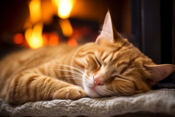 close up of a cat, nestled on a cozy rug near a crackling fireplace