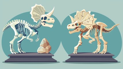 Isolated dig skull with bone clipart collection. Triceratops and pterodactyl skeletons on pedestal paleontology cartoon modern icon set. My favorite dinosaur footprint illustration.
