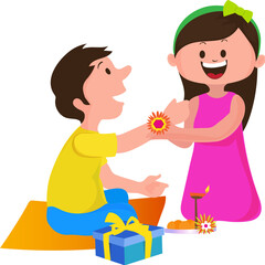 Cute Indian Sister Tying Rakhi on Her Brother Wrist, Happy Raksha Bandhan Png Vector.