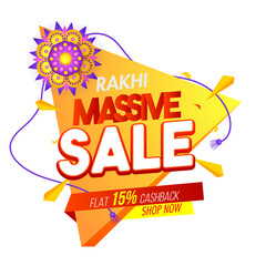 Rakhi Massive Sale poster design with special offer on png background for advertising.