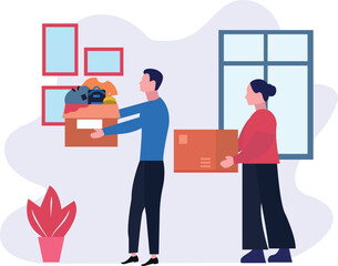 A boy and a girl are carrying boxes.