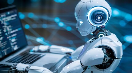 Fototapeta premium Disable candidate.safety_ratings, a robot is sitting in front of laptop and coding