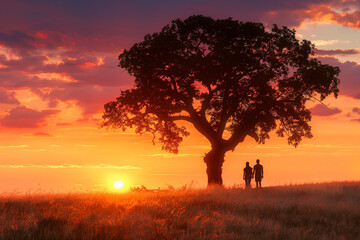 Silhouettes of couple standing under tree at sunset, looking joyfully into distance. warm golden light, vibrant colors, happiness