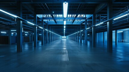 Fototapeta premium Empty Industrial Warehouse Interior with Blue Lighting and Long Aisles