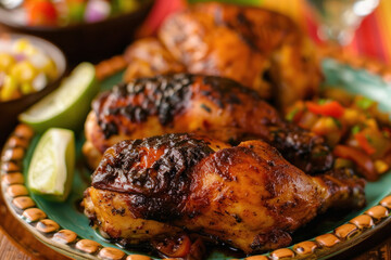 Juicy Grilled Chicken with Lime Wedges and Salsa on a Decorative Plate