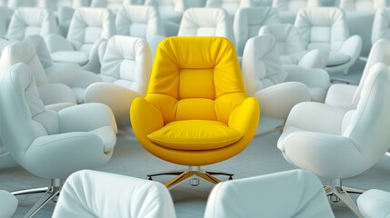 Obraz premium Yellow Chair Standing Out Among White Chairs Highlighting Individuality and Uniqueness, best candidate, job interview