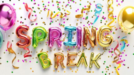 Colorful Spring Break Balloon Lettering With Confetti And Streamers Celebration
