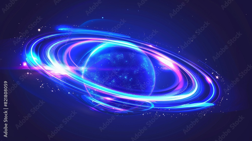 Poster blue planet ring neon light effect with circle line sparkle. space curve orbit modern illustration. 