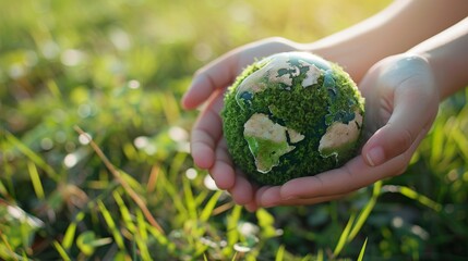 Child's hands holding a detailed globe in nature, symbolizing global conservation, climate change awareness, and environmental care.