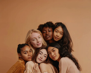 Obraz premium Group young international women, female power, health care and feminism, portrait girls different races, women different shapes, women's, clothes in beige and brown tones