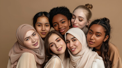 Fototapeta premium Group young international women, female power, health care and feminism, portrait girls different races, women different shapes, women's, clothes in beige and brown tones