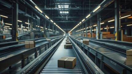 Fototapeta premium The working time-lapse of a large belt conveyor at a sorting post office with parcels on it.
