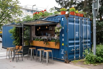 A blue container with a green roof