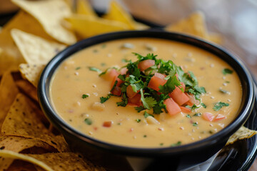 Creamy Queso Dip with Fresh Tomatoes and Cilantro Served with Tortilla Chips