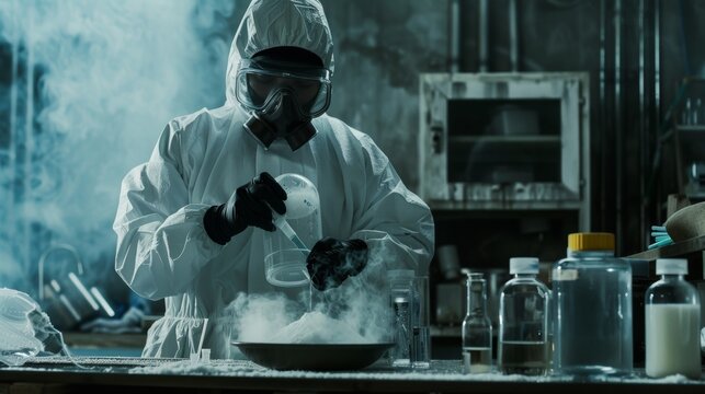 An underground drug lab chemist mixes chemicals while wearing a protective mask and coverall to make new batches of synthetic drugs.