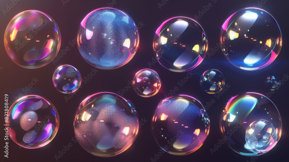 Poster an animated sprite sheet of a burst sequence of a transparent liquid sphere with iridescent reflecti
