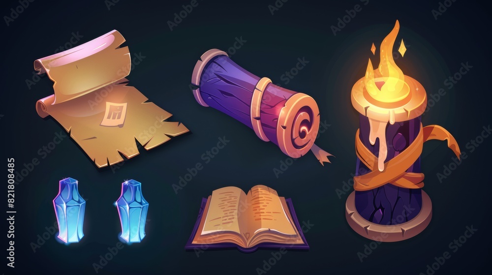 Poster a magical scroll with parchment and paper book ui element. a medieval treasure map with papyrus and 