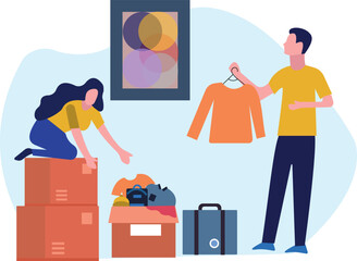 Boy and girl are packing clothes.