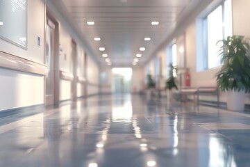 Blurred empty hospital hall, modern and light