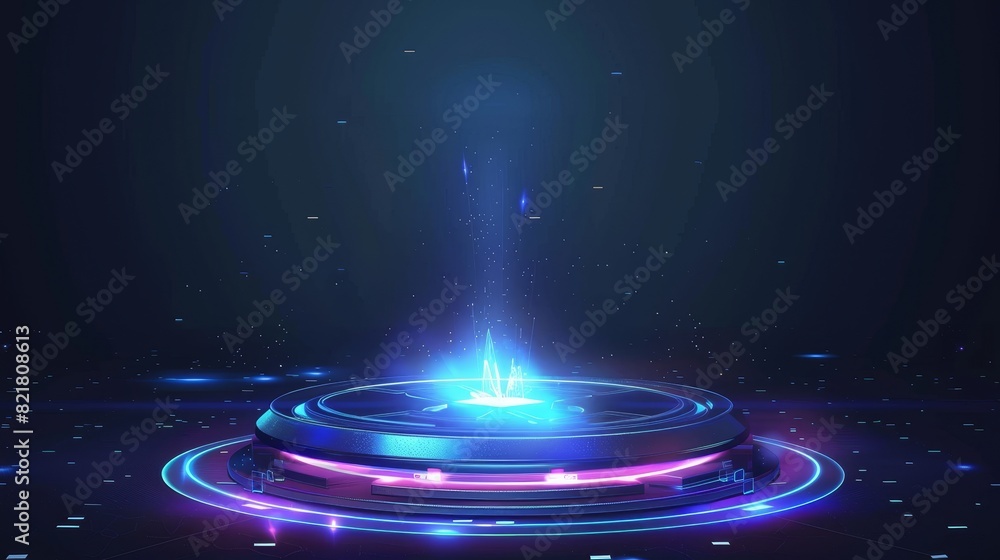 Poster incredibly realistic modern illustration of a futuristic teleport podium for a game interface concep