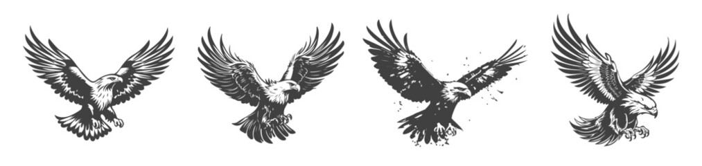 Obraz premium set of eagle silhouettes, black and white vector design, generated ai
