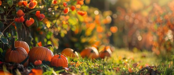 Beautiful autumn pumpkin patch with vibrant fall foliage and sunlight, perfect for seasonal and harvest-themed designs.