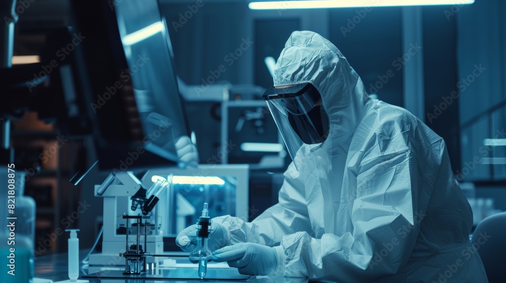 Poster a team of scientists wearing sterile protective coveralls is setting up and programming the modern i