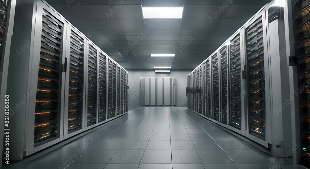 Poster high density server room with rows of servers