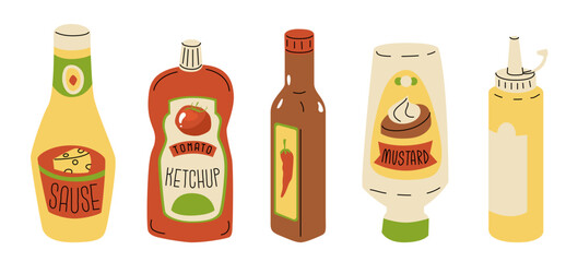 A set of sauces and marinades for preparing delicious homemade dishes. Sour, spicy, sweet dressing for food. Bright taste. Vector illustration isolated on transparent background.