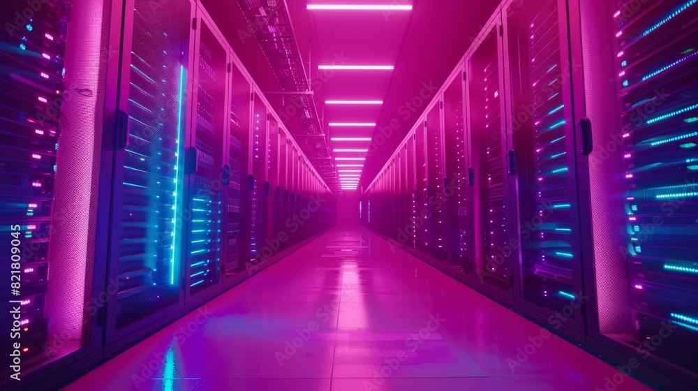 Poster working datacenter with rows of rack servers. computers are working and led lights are blinking.