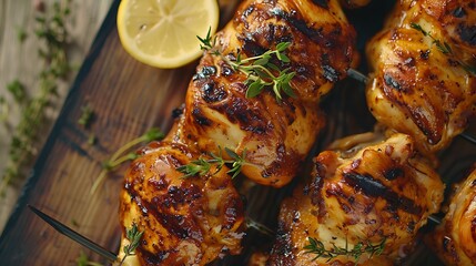 Flavorful chicken rotisserie with herbs and lemon on a skateboard, closeup in HD, horizontal top view