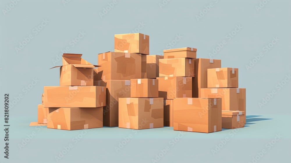 Poster packets of brown cartons in stacks for delivery and storage. 3d rendering modern illustration set of