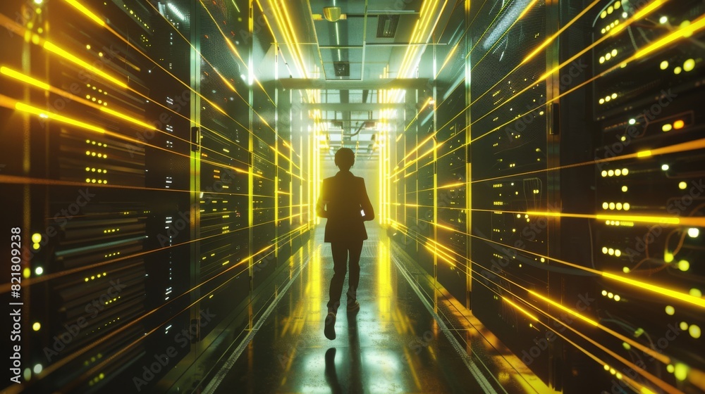 Poster it specialist walking through a working data center full of rack servers and supercomputers. concept