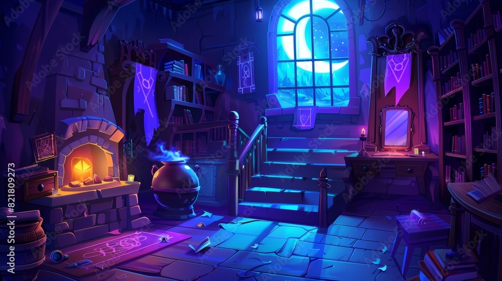 Wall mural a dark halloween alchemist's house with a staircase, cauldron, and mirror with moonlight from a wind