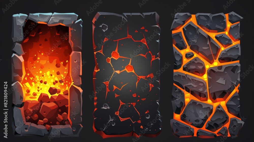 Poster volcano eruption board with magma texture and fire for gui app interface. blank loading and progress