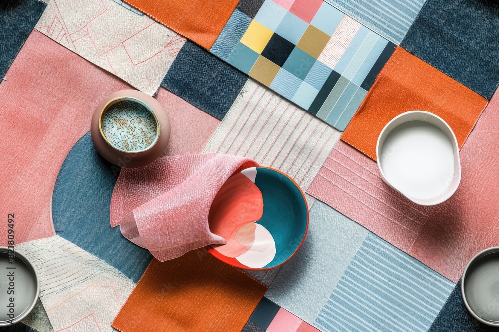 Poster a table with a variety of colorful items, including a bowl, a cup, and a napkin. the table is covere