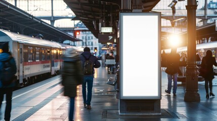 At the train station, this mockup of a lightbox vertical billboard with a blank digital screen is ready to display ads or public information. The white poster stands out against 