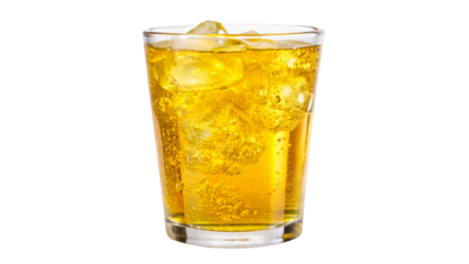 A clear glass filled with yellow soda with ice cubes floating inside