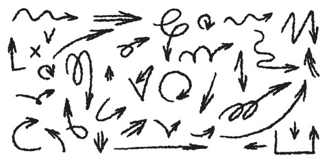 Grunge arrows set vector icons. Various curved lines and arrows are drawn by hand on the side on a white background. Doodle marker drawing, black chalk strokes. Direction indicators. 