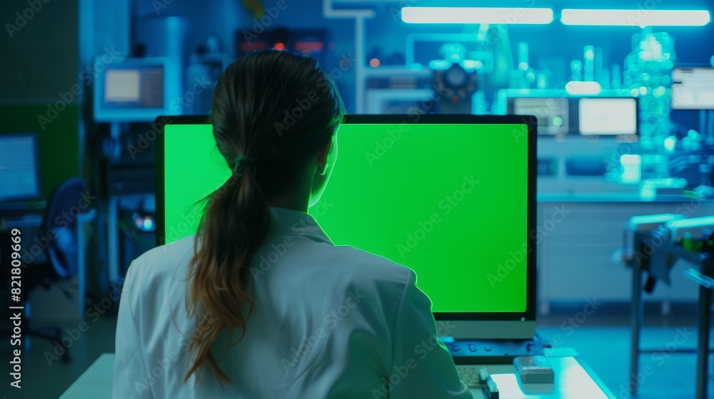 Poster in the background, scientists and engineers work on high-tech design in a technology research and de